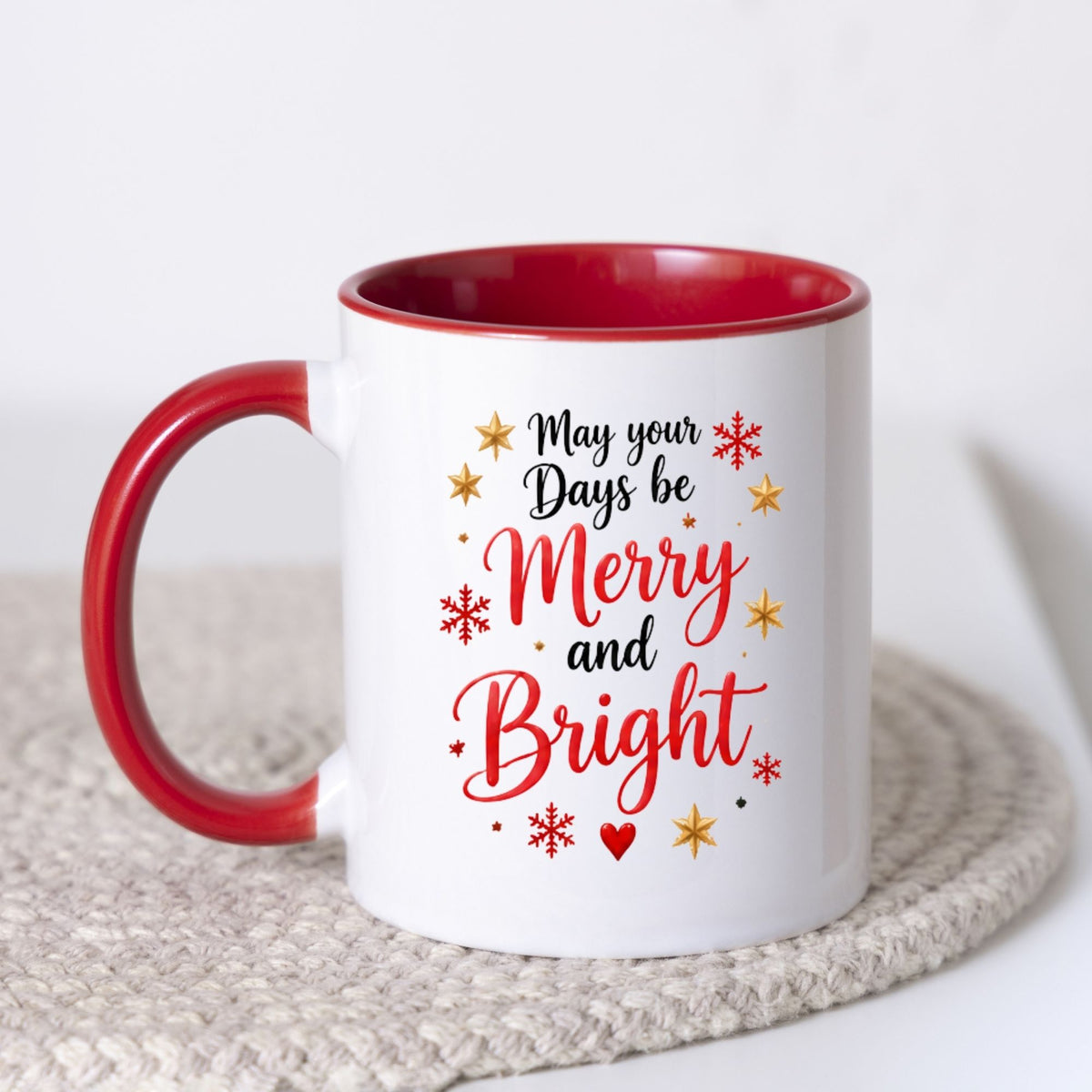 Festive Mug "May your Days be Merry and Bright" 325ml Ceramic Coffee Mug Winter Holiday Tea Cup with Gold Stars & Red Snowflakes | Available in Multicolours | Fast Dispatch by UK Seller (M1269)