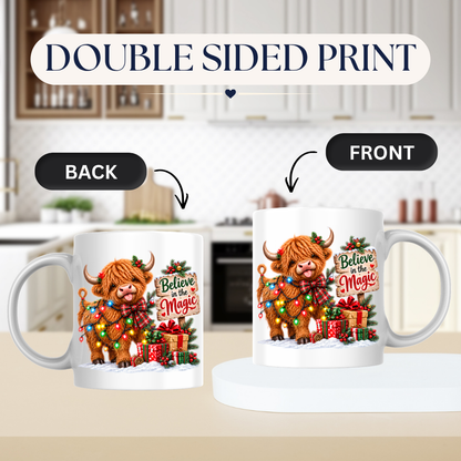 Christmas Mug "Believe in the Magic Highland Cow" Believe in the Magic Highland Cow 325ml Ceramic Coffee Mug – Festive Christmas Lights Tea Cup With Wooden Sign Presents Graphic Gift | Available in Multicolours | Fast Dispatch by UK Seller (M3173)