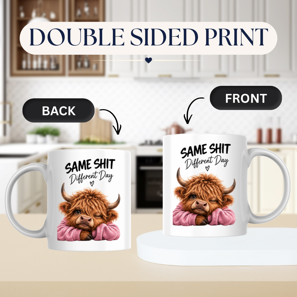 Sassy Highland Cow Mug "SAME SHIT Different Day" Graphic 325ml Ceramic Coffee Cup Highland Cow in Pink Jumper Winking Novelty Tea Cup | Funny Sarcastic Work Gift for Coworkers & Friends | Available in Multicolours | Fast Dispatch by UK Seller (M3137)