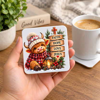 Inspirational Religious Highland Cow Hardboard Coaster "Faith Hope Love Jesus" Graphic 9cm x 9cm Square Drinks Coaster “ Cute Calf in Bobble