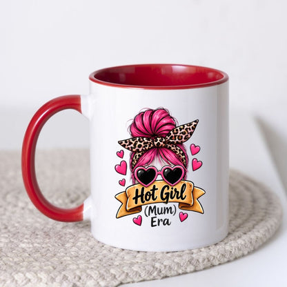 Sassy Mum Mug "Hot Girl (Mum) Era" 325ml Ceramic Coffee Mug Trendy Messy Bun Tea Cup with Leopard Bandana, Heart Sunglasses & Hearts Gift | Available in Multicolours | Fast Dispatch by UK Seller (M1306)