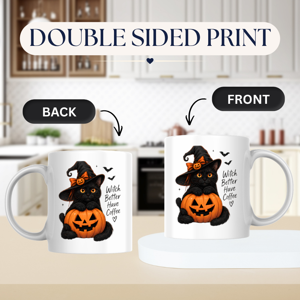 Halloween Mug "Witch Better Have Coffee Black Cat" Witch Better Have Coffee Black Cat 325ml Ceramic Coffee Mug – Cute Halloween Autumn Tea Cup With Witch Hat Jack O Lantern Graphic Gift | Available in Multicolours | Fast Dispatch by UK Seller (M3225)