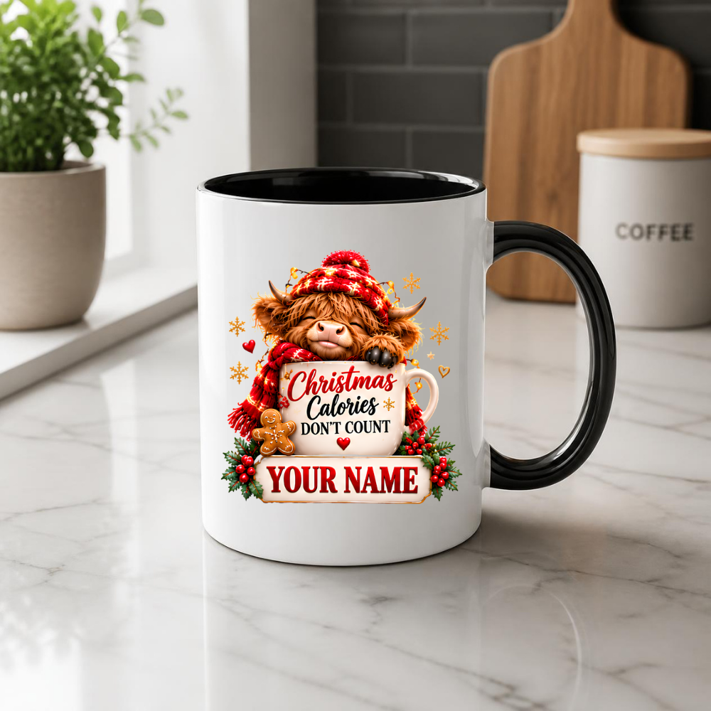 Personalised Christmas Mug "Christmas Calories Don't Count" 325ml Ceramic Coffee Tea Cup – Santa Hat Highland Cow, Gingerbread Man, Custom Name & Funny Holiday Slogan Novelty Gift for Bestie, Women, Holiday – Fast Dispatch by UK Seller (M3519)