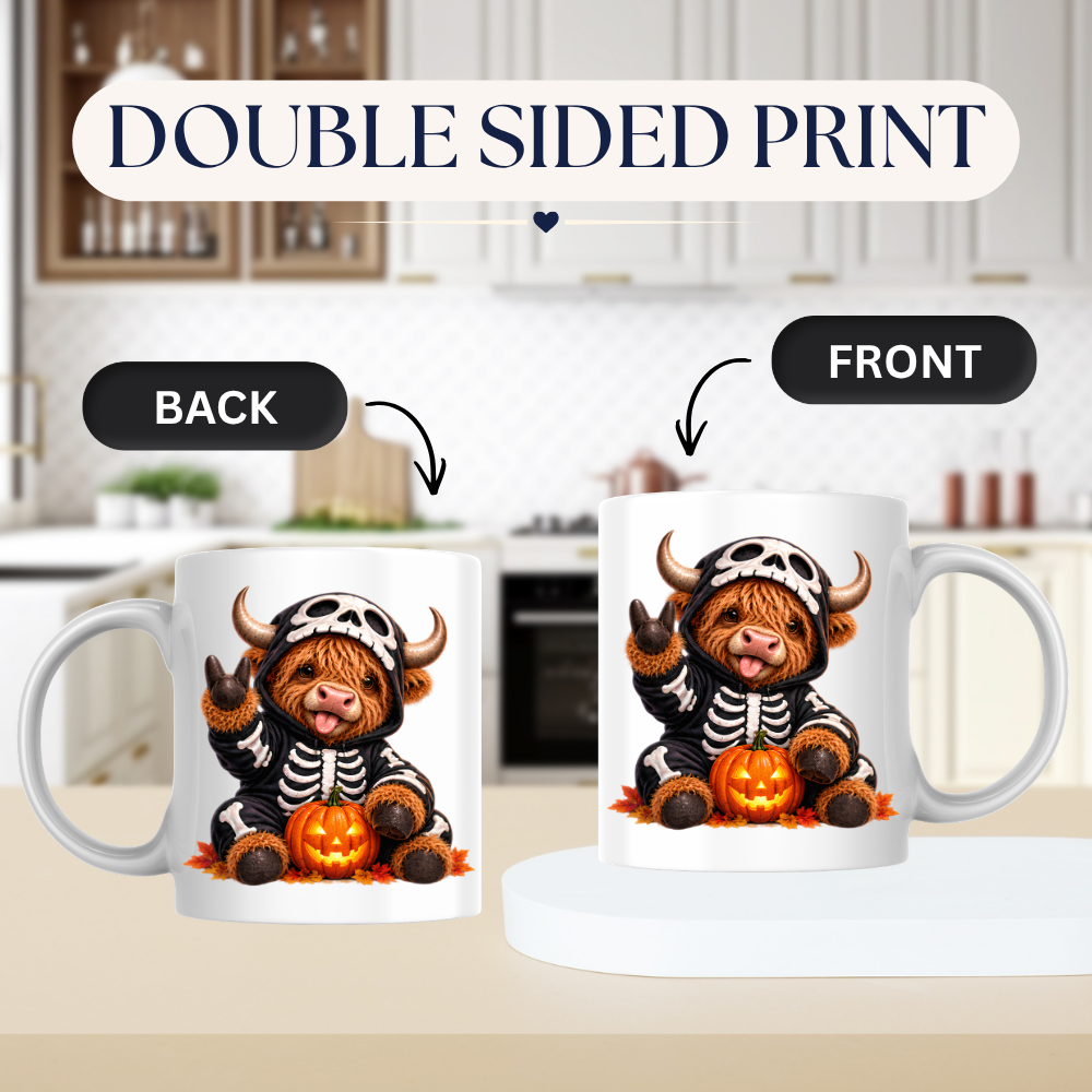 Spooky Mug "Skeleton Costume Highland Cow" Skeleton Highland Cow 325ml Ceramic Coffee Mug Cute Halloween Onesie Tea Cup with Pumpkin Graphic Gift | Available in Multicolours | Fast Dispatch by UK Seller (M3163)