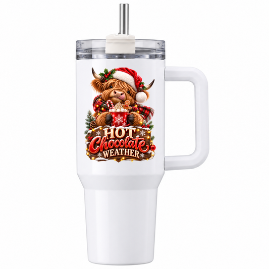 Festive Christmas Highland Cow Travel Tumbler "Hot Chocolate Weather" Graphic 40oz Stainless Steel Insulated Travel Mug with Handle & Straw – Cozy Cow in Santa Hat, Tartan Scarf & Marshmallow Mug Novelty Travel Cup | Fast Dispatch by UK Seller (T3041)