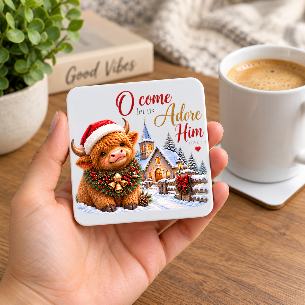 Festive Christian Christmas Coaster "O Come Let Us Adore Him Luke 2:11" Graphic Glossy Hardboard 9x9cm Drinks Mat – Highland Cow, Snowy Chapel Village & Wreath Holiday Tableware Gift | Fast Dispatch by UK Seller (C3064)