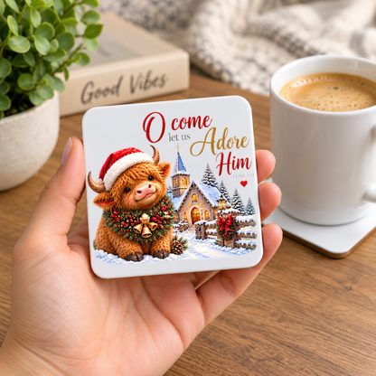 Festive Christian Christmas Coaster "O Come Let Us Adore Him Luke 2:11" Graphic Glossy Hardboard 9x9cm Drinks Mat – Highland Cow, Snowy Chapel Village & Wreath Holiday Tableware Gift | Fast Dispatch by UK Seller (C3064)