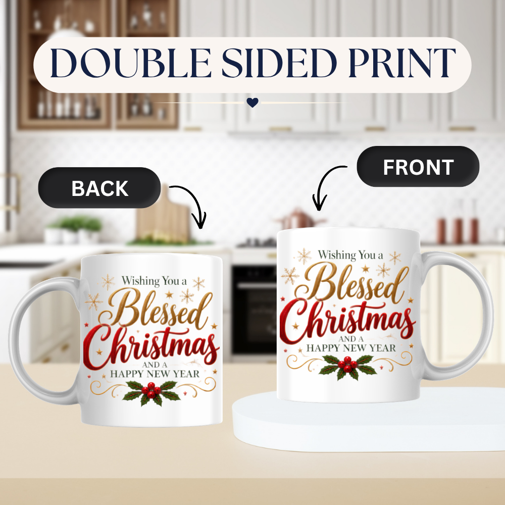 Christmas Mug "Wishing You A Blessed Christmas And A Happy New Year" 325ml Ceramic Coffee Mug Festive Typography Mug With Gold Stars Holly Swirls Holiday Gift | Available in Multicolours | Fast Dispatch by UK Seller (M3314)
