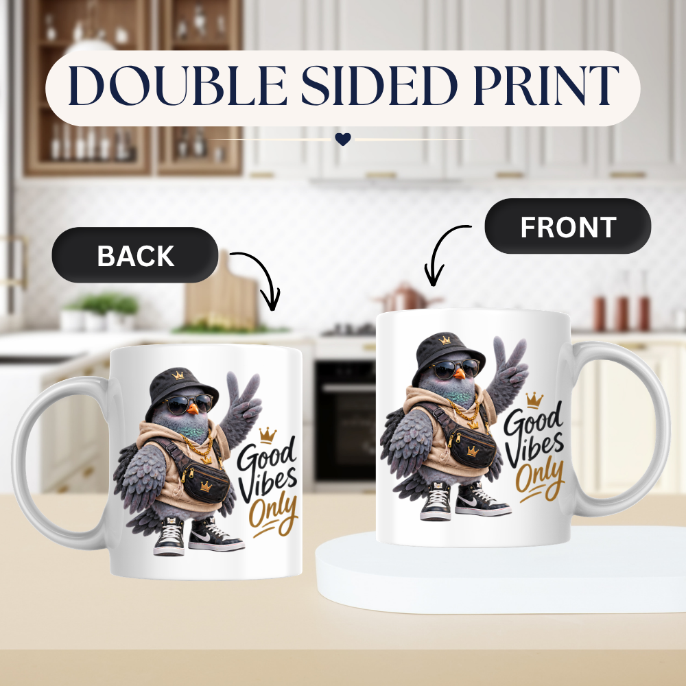 Good Vibes Mug "Good Vibes Only Cool Pigeon" 325ml Ceramic Mug – Cool Pigeon in Bucket Hat, Gold Chain, Crossbody Bag High Top Sneakers Funny Streetwear Bird Mug Gift For Friends Coworkers | Available in Multicolours | Fast Dispatch by UK Seller (M3237)