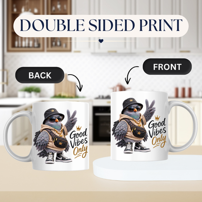 Good Vibes Mug "Good Vibes Only Cool Pigeon" 325ml Ceramic Mug – Cool Pigeon in Bucket Hat, Gold Chain, Crossbody Bag High Top Sneakers Funny Streetwear Bird Mug Gift For Friends Coworkers | Available in Multicolours | Fast Dispatch by UK Seller (M3237)