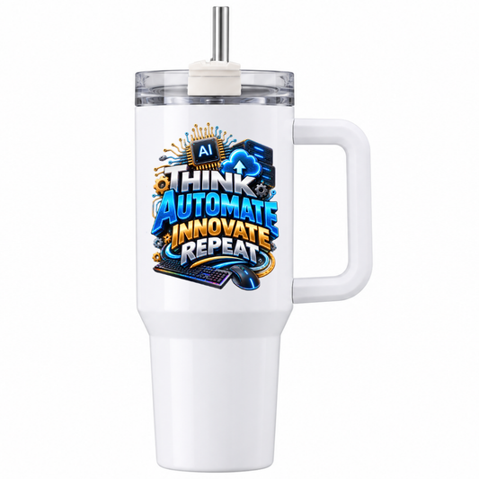 Futuristic Tech Travel Tumbler "THINK AUTOMATE INNOVATE REPEAT" Graphic 40oz Stainless Steel Travel Mug with Handle & Straw – AI Processor Chip, Cloud Storage, RGB Keyboard & Mouse Novelty Gift for Coders & Office | Fast Dispatch by UK Seller (T3050)
