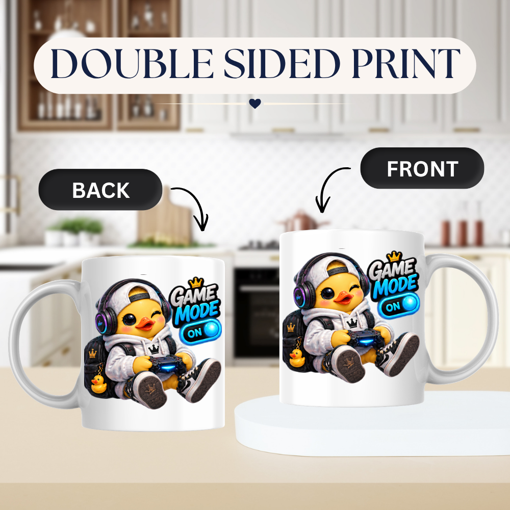 Gamer Mug "Game Mode On Gamer Duck" Game Mode On 325ml Ceramic Coffee Mug – Cute Gamer Duck in White Hoodie, Cap, RGB Gaming Headset Holding Controller Fun Gift For Gamers Friends | Available in Multicolours | Fast Dispatch by UK Seller (M3255)