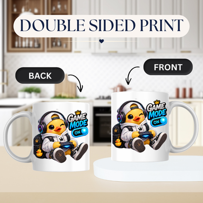 Gamer Mug "Game Mode On Gamer Duck" Game Mode On 325ml Ceramic Coffee Mug – Cute Gamer Duck in White Hoodie, Cap, RGB Gaming Headset Holding Controller Fun Gift For Gamers Friends | Available in Multicolours | Fast Dispatch by UK Seller (M3255)