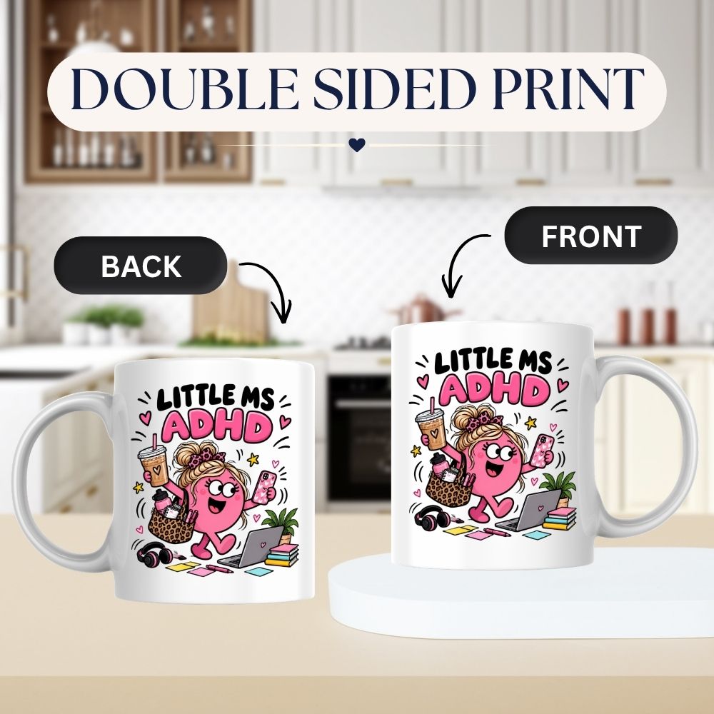 Cute Mug "Little Ms ADHD" Funny Neurodivergent Cartoon Coffee Cup 350ml, Pink Ceramic Novelty Mug, Relatable Busy Mind Multitasking Humour Gift for Her Mum Sister Girlfriend Best Friend, Birthday Christmas Secret Santa | Fast Dispatch by UK Seller (M1112)