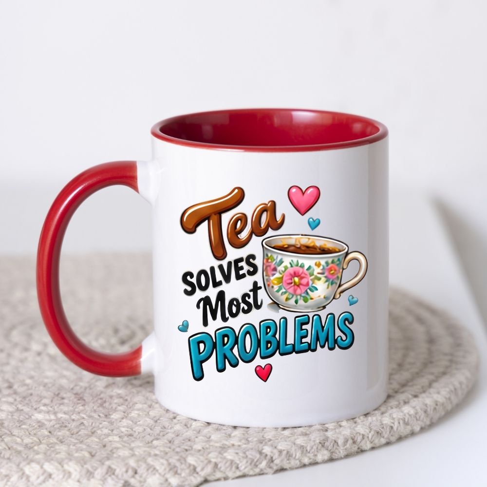 Humorous Mug "Tea Solves Most Problems" 325ml Ceramic Coffee Mug – Funny British Cuppa Tea Cup with Vintage Floral Teacup & Hearts Graphic Gift | Available in Multicolours | Fast Dispatch by UK Seller (M1314)