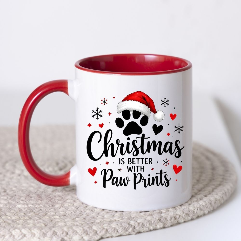 Festive Mug "Christmas is Better with Paw Prints" Santa Hat 325ml Ceramic Coffee Mug Cute Winter Holiday Tea Cup with Dog & Cat Paw, Hearts and Snowflakes | Available in Multicolours | Fast Dispatch by UK Seller (M1273)