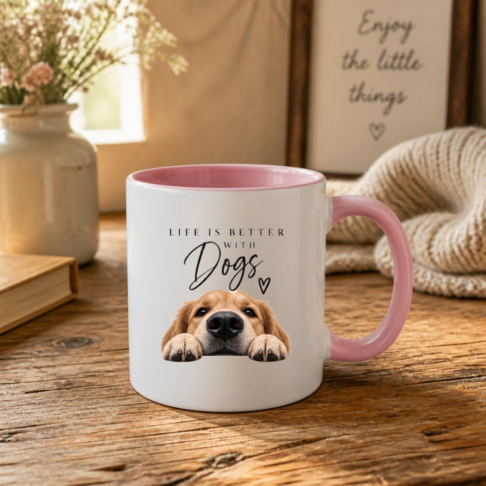 Dog Lover Mug "LIFE IS BETTER WITH Dogs" Golden Retriever 325ml Ceramic Coffee Mug Cute Puppy Tea Cup with Peeking Dog & Paw Graphic Gift | Available in Multicolours | Fast Dispatch by UK Seller (M3009)