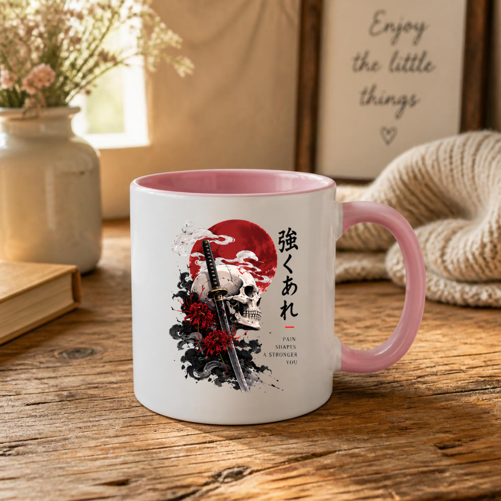 Inspirational Japanese Samurai Skull Mug "PAIN SHAPES A Stronger You" Katana & Red Sun 325ml Ceramic Coffee Mug – Aesthetic Resilience Tea Cup With Kanji Spider Lily Graphic Gift | Available in Multicolours | Fast Dispatch by UK Seller (M3047)