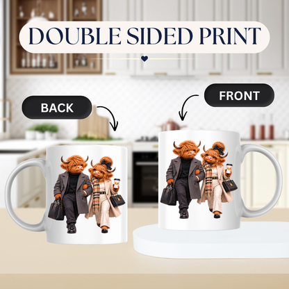 Fashion Mug "Elegance Highland Cow Couple Walking" Elegance Highland Cow Couple 325ml Ceramic Coffee Mug– Chic Winter Walking Tea Cup with Charcoal Overcoat Beige Trench Scarf Graphic Gift | Available in Multicolours | Fast Dispatch by UK Seller (M3191)