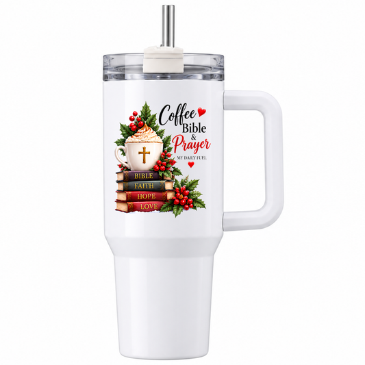 Inspirational Religious Travel Tumbler "Coffee Bible & Prayer My Daily Fuel" Graphic 40oz Stainless Steel Insulated Travel Mug with Handle & Straw – Coffee Mug with Cross, Books & Holly Berries Novelty Travel Cup | Fast Dispatch by UK Seller (T3014)