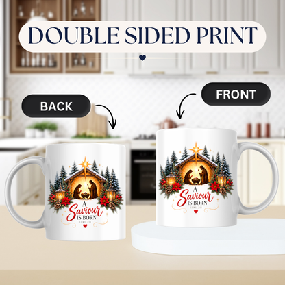 Christmas Mug "A Saviour Is Born Luke 2:11" A Saviour Is Born 325ml Ceramic Coffee Mug – Festive Nativity Scene Mug with Star of Bethlehem Poinsettia Holiday Gift | Available in Multicolours | Fast Dispatch by UK Seller (M3320)