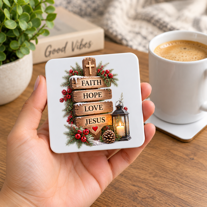 Inspirational Religious Hardboard Coaster "Faith Hope Love Jesus" Graphic 9cm x 9cm Square Drinks Coaster “Rustic Wooden Directional Sign with Cross, Lantern & Pinecones Novelty Mat | Christian Glossy Gift | Fast Dispatch by UK Seller (C3050)