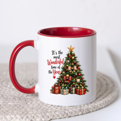 Festive Mug "It's the Most Wonderful Time of the Year" Christmas Tree 325ml Ceramic Coffee Mug – Classic Holiday Tea Cup with Ornaments, Star Gifts Gift | Available in Multicolours | Fast Dispatch by UK Seller (M1262)