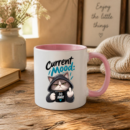 Sarcastic Mug "CURRENT MOOD: GO AWAY" Hooded Cat 325ml Ceramic Coffee Mug Novelty Grumpy Cat Tea Cup with Middle Finger & "GO AWAY" Mug Graphic Gift | Available in Multicolours | Fast Dispatch by UK Seller (M3087)