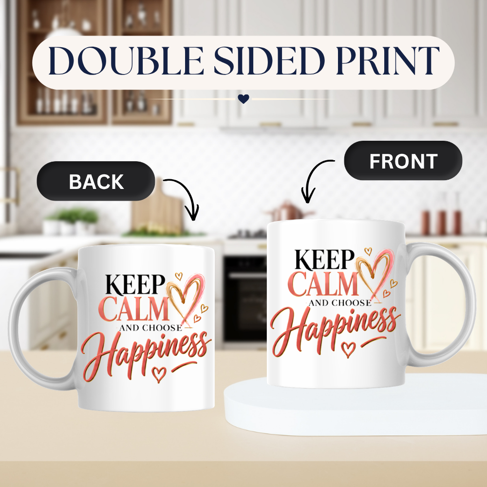 Motivational Mug "Keep Calm And Choose Happiness" 325ml Ceramic Coffee Tea Cup – Pink & Gold Typography, Cute Hearts & Positivity Slogan Novelty Gift for Friends, Colleagues, Birthday – Fast Dispatch by UK Seller (M3493)