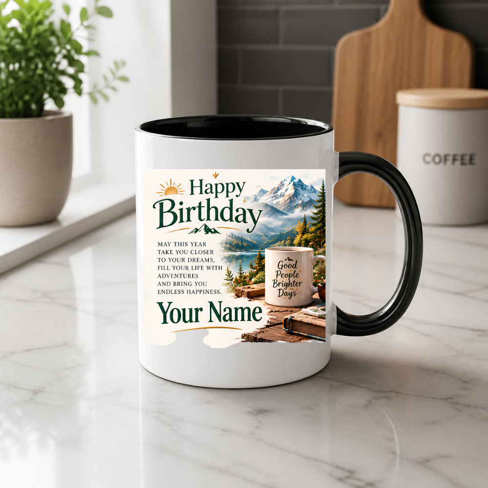 Personalised Birthday Mug "Happy Birthday" 325ml Ceramic Coffee Tea Cup – Mountain Landscape, Scenic View, Custom Name & Adventure Wish Slogan Novelty Gift for Travelers, Men, Women, Birthday – Fast Dispatch by UK Seller (M3513)