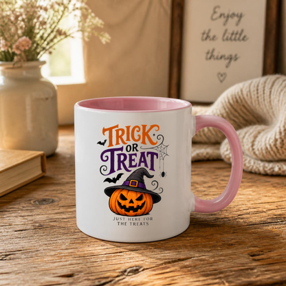 Halloween Mug "TRICK OR Treat Just Here For The Treats" Jack-o'-lantern 325ml Ceramic Coffee Mug – Festive Pumpkin Tea Cup with Witch Hat Spider Web Graphic Gift | Available in Multicolours | Fast Dispatch by UK Seller (M3071)