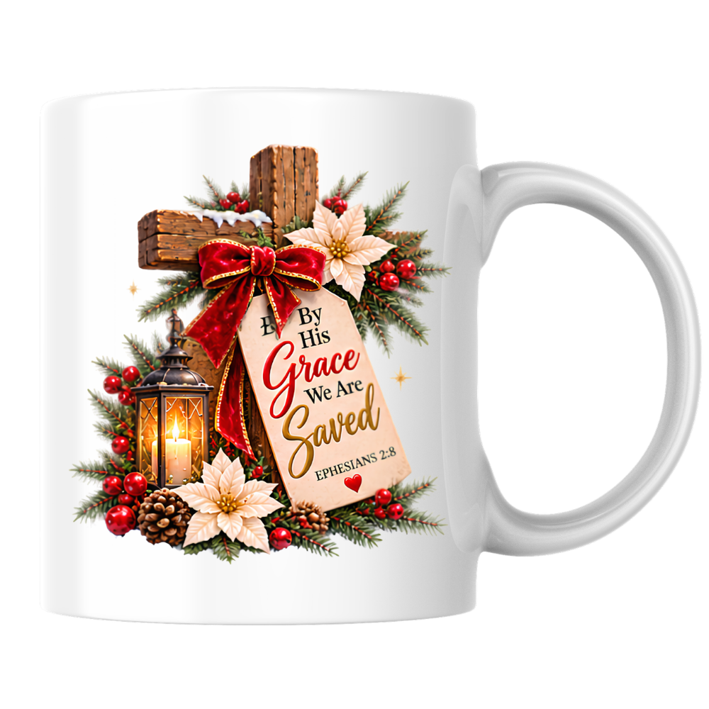 Christmas Mug "By His Grace We Are Saved Ephesians 2:8" By His Grace We Are Saved 325ml Ceramic Coffee Mug – Festive Christian Typography Mug With Wooden Cross Bow Lantern Holiday Gift | Available in Multicolours | Fast Dispatch by UK Seller (M3321)