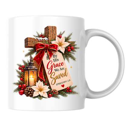 Christmas Mug "By His Grace We Are Saved Ephesians 2:8" By His Grace We Are Saved 325ml Ceramic Coffee Mug – Festive Christian Typography Mug With Wooden Cross Bow Lantern Holiday Gift | Available in Multicolours | Fast Dispatch by UK Seller (M3321)