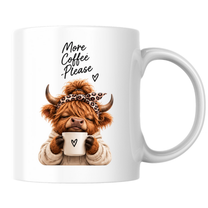 Cozy Highland Cow Mug "More Coffee Please" Graphic 325ml Ceramic Coffee Cup Highland Cow in Neutral Hoodie & Leopard Bandana Novelty Tea Cup | Cute Morning Gift for Her & Coffee Lovers | Available in Multicolours | Fast Dispatch by UK Seller (M3138)