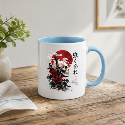 Inspirational Japanese Samurai Skull Mug "PAIN SHAPES A Stronger You" Katana & Red Sun 325ml Ceramic Coffee Mug – Aesthetic Resilience Tea Cup With Kanji Spider Lily Graphic Gift | Available in Multicolours | Fast Dispatch by UK Seller (M3047)
