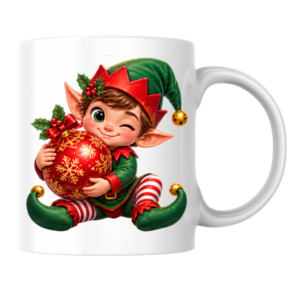 Christmas Mug "Winking Christmas Boy Elf Red Bauble" Winking Christmas Boy Elf 325ml Ceramic Coffee Mug – Cute Festive Tea Cup with Elf Outfit Jingle Bells Snowflake Bauble Graphic Gift | Available in Multicolours | Fast Dispatch by UK Seller (M3186)