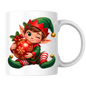 Christmas Mug "Winking Christmas Boy Elf Red Bauble" Winking Christmas Boy Elf 325ml Ceramic Coffee Mug – Cute Festive Tea Cup with Elf Outfit Jingle Bells Snowflake Bauble Graphic Gift | Available in Multicolours | Fast Dispatch by UK Seller (M3186)