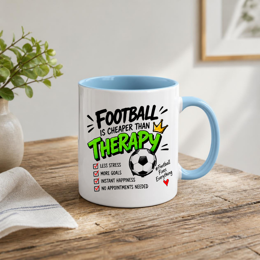 Football Mug "FOOTBALL IS CHEAPER THAN THERAPY" Crown Football 325ml Ceramic Coffee Mug Sporty Therapy Checklist Tea Cup with "#FootballFixesEverything" Graphic Gift | Available in Multicolours | Fast Dispatch by UK Seller (M3095)