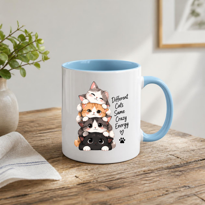 Funny Cat Mug "Different Cats Same Crazy Energy" Stacked Kittens 325ml Ceramic Coffee Mug Cute Cat Lover Tea Cup with Cute Kitten Stack & Paw Print Graphic Gift | Available in Multicolours | Fast Dispatch by UK Seller (M3027)