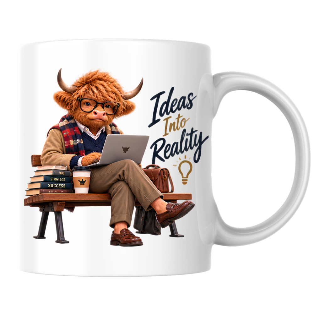 Academic Mug "Ideas Into Reality Scholarly Highland Cow" Ideas Into Reality 325ml Ceramic Coffee Mug – Scholarly Highland Cow on Bench with Laptop Strategy Books Coffee Entrepreneur Gift | Available in Multicolours | Fast Dispatch by UK Seller (M3287)