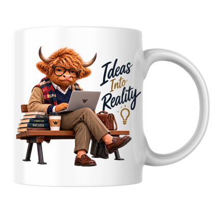 Academic Mug "Ideas Into Reality Scholarly Highland Cow" Ideas Into Reality 325ml Ceramic Coffee Mug – Scholarly Highland Cow on Bench with Laptop Strategy Books Coffee Entrepreneur Gift | Available in Multicolours | Fast Dispatch by UK Seller (M3287)