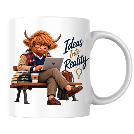 Academic Mug "Ideas Into Reality Scholarly Highland Cow" Ideas Into Reality 325ml Ceramic Coffee Mug – Scholarly Highland Cow on Bench with Laptop Strategy Books Coffee Entrepreneur Gift | Available in Multicolours | Fast Dispatch by UK Seller (M3287)
