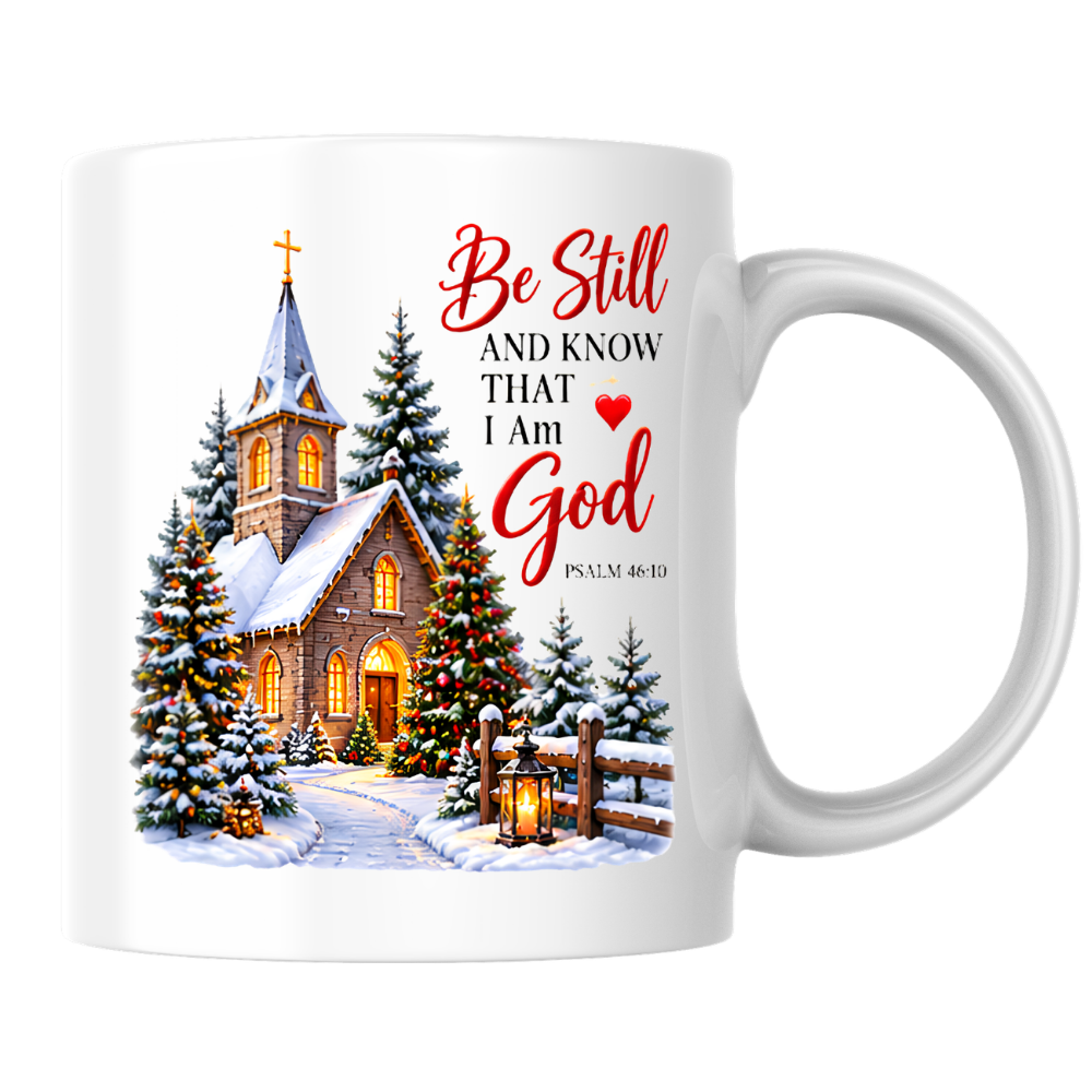 Religious Christmas Mug "Be Still And Know That I Am God" Church Be Still And Know That I Am God 325ml Ceramic Coffee Mug – Church Scripture Mug with Psalm 46:10, Decorated Trees & Lantern | Religious Holiday Gift | Fast Dispatch by UK Seller (M3355)