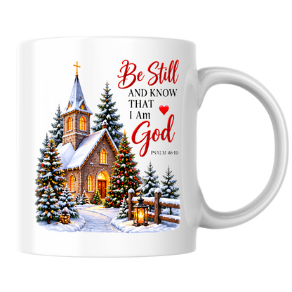 Religious Christmas Mug "Be Still And Know That I Am God" Church Be Still And Know That I Am God 325ml Ceramic Coffee Mug – Church Scripture Mug with Psalm 46:10, Decorated Trees & Lantern | Religious Holiday Gift | Fast Dispatch by UK Seller (M3355)