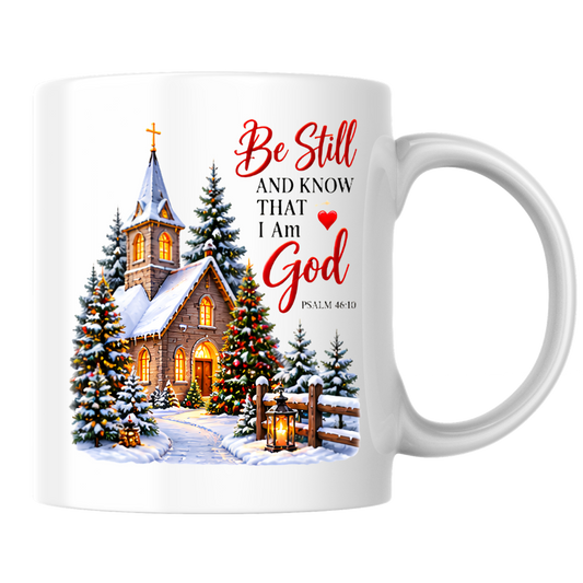 Religious Christmas Mug "Be Still And Know That I Am God" Church Be Still And Know That I Am God 325ml Ceramic Coffee Mug – Church Scripture Mug with Psalm 46:10, Decorated Trees & Lantern | Religious Holiday Gift | Fast Dispatch by UK Seller (M3355)