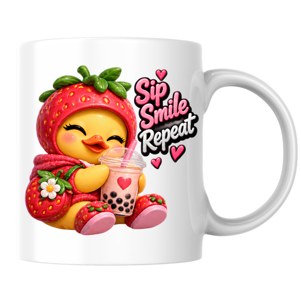 Boba Mug "Sip Smile Repeat Strawberry Duck" 325ml Ceramic Coffee Mug – Cute Winking Yellow Duck in Strawberry Hood Hoodie Shoes Holding Strawberry Boba Tea Sweet Gift For Boba Tea Lovers | Available in Multicolours | Fast Dispatch by UK Seller (M3256)