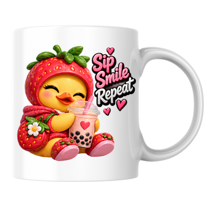 Boba Mug "Sip Smile Repeat Strawberry Duck" 325ml Ceramic Coffee Mug – Cute Winking Yellow Duck in Strawberry Hood Hoodie Shoes Holding Strawberry Boba Tea Sweet Gift For Boba Tea Lovers | Available in Multicolours | Fast Dispatch by UK Seller (M3256)