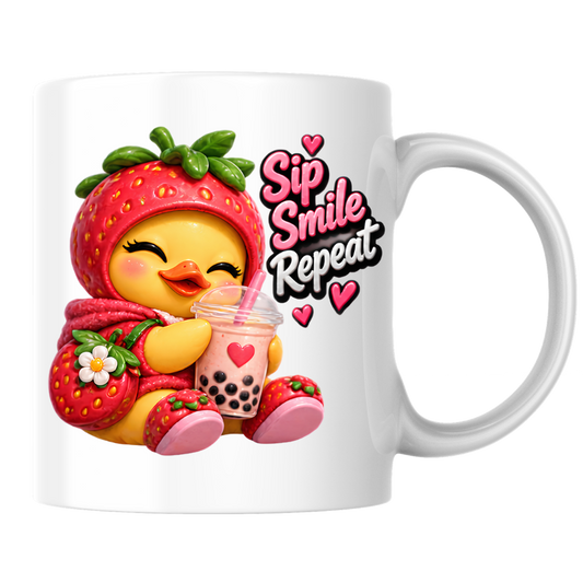 Boba Mug "Sip Smile Repeat Strawberry Duck" 325ml Ceramic Coffee Mug – Cute Winking Yellow Duck in Strawberry Hood Hoodie Shoes Holding Strawberry Boba Tea Sweet Gift For Boba Tea Lovers | Available in Multicolours | Fast Dispatch by UK Seller (M3256)