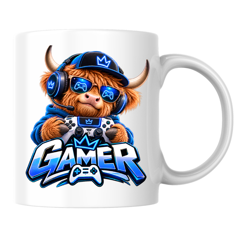 Gaming Mug "Gamer" Highland Cow Gamer 325ml Ceramic Coffee Mug – Cute Highland Cow Gamer in Blue Hoodie & Headset with Controller Art | Video Game Gift | Fast Dispatch by UK Seller (M3347)