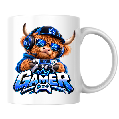Gaming Mug "Gamer" Highland Cow Gamer 325ml Ceramic Coffee Mug – Cute Highland Cow Gamer in Blue Hoodie & Headset with Controller Art | Video Game Gift | Fast Dispatch by UK Seller (M3347)